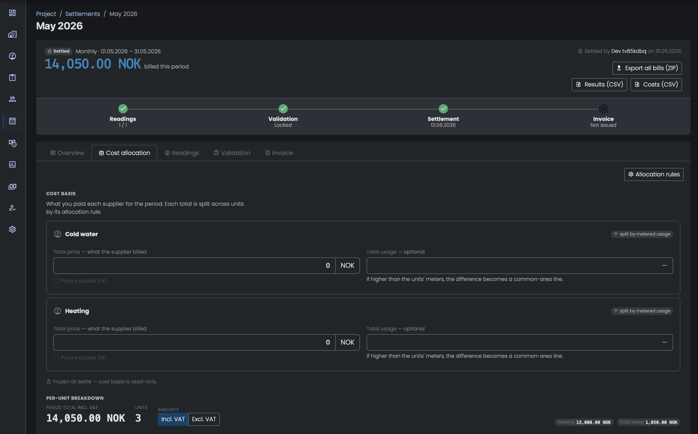 Settlement - shared utility costs split by your own rules and turned into finished invoices