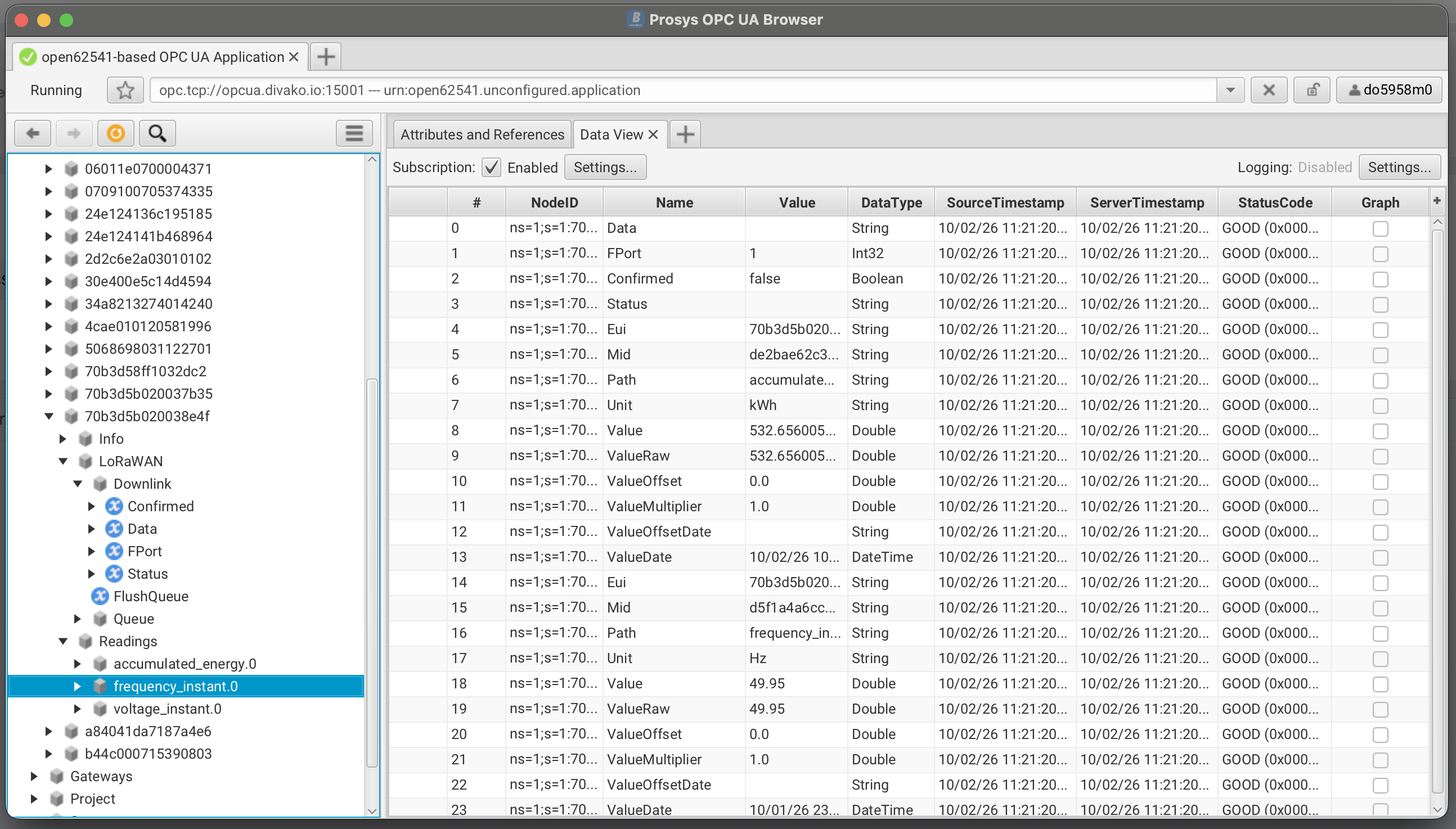 Prosys OPC UA Browser displaying Divako device nodes, measurement values and status codes.