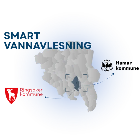 Map of Hamar and Ringsaker municipalities in Innlandet, Norway, marked for smart water metering